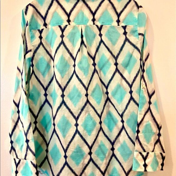 Talbots Aqua/Navy/White B/F Tab Sleeve Woman's Blouse Top Semi Sheer Sz MP - Picture 2 of 8